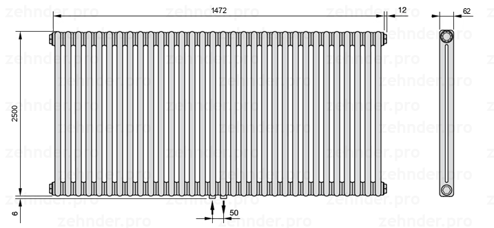 Схема (чертеж) Радиатор Zehnder Charleston 2250/32 №3470 Белый глянцевый RAL 9016